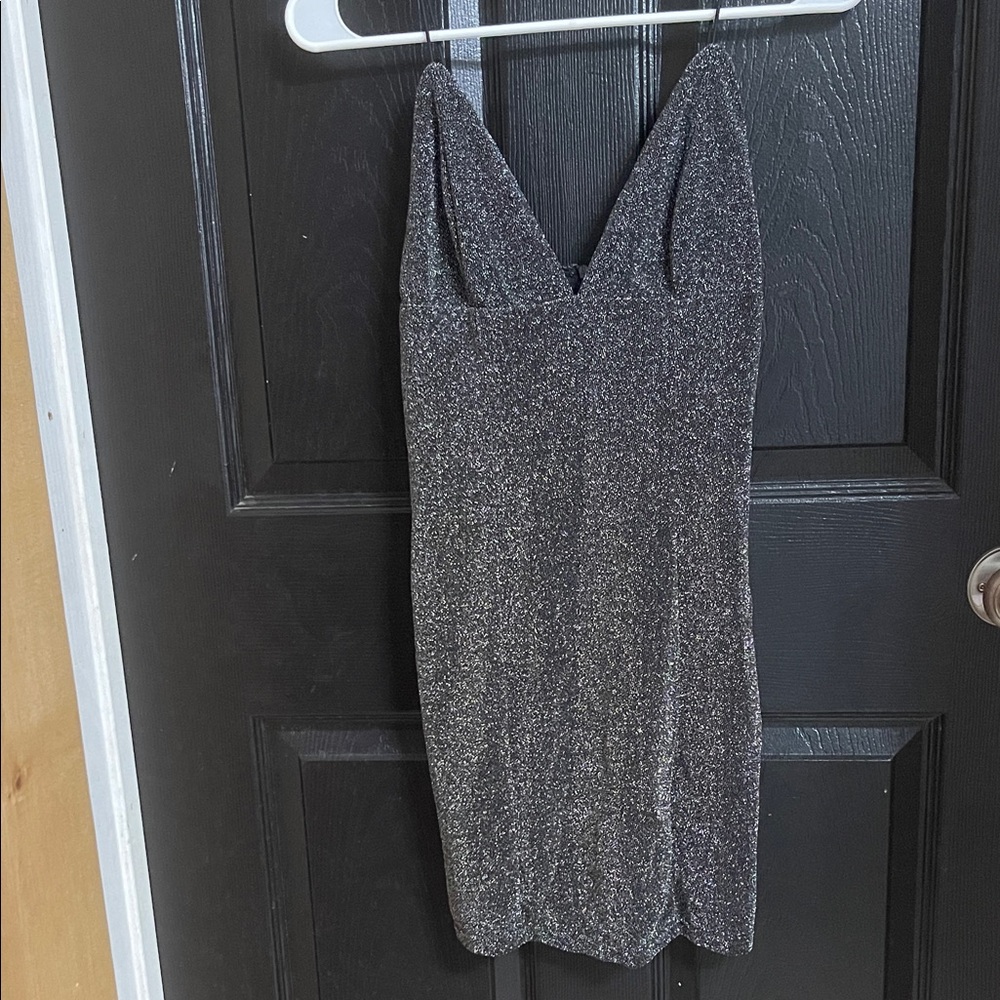 Forever 21 Metallic Charcoal Sparkle V-Neck Mini Dress